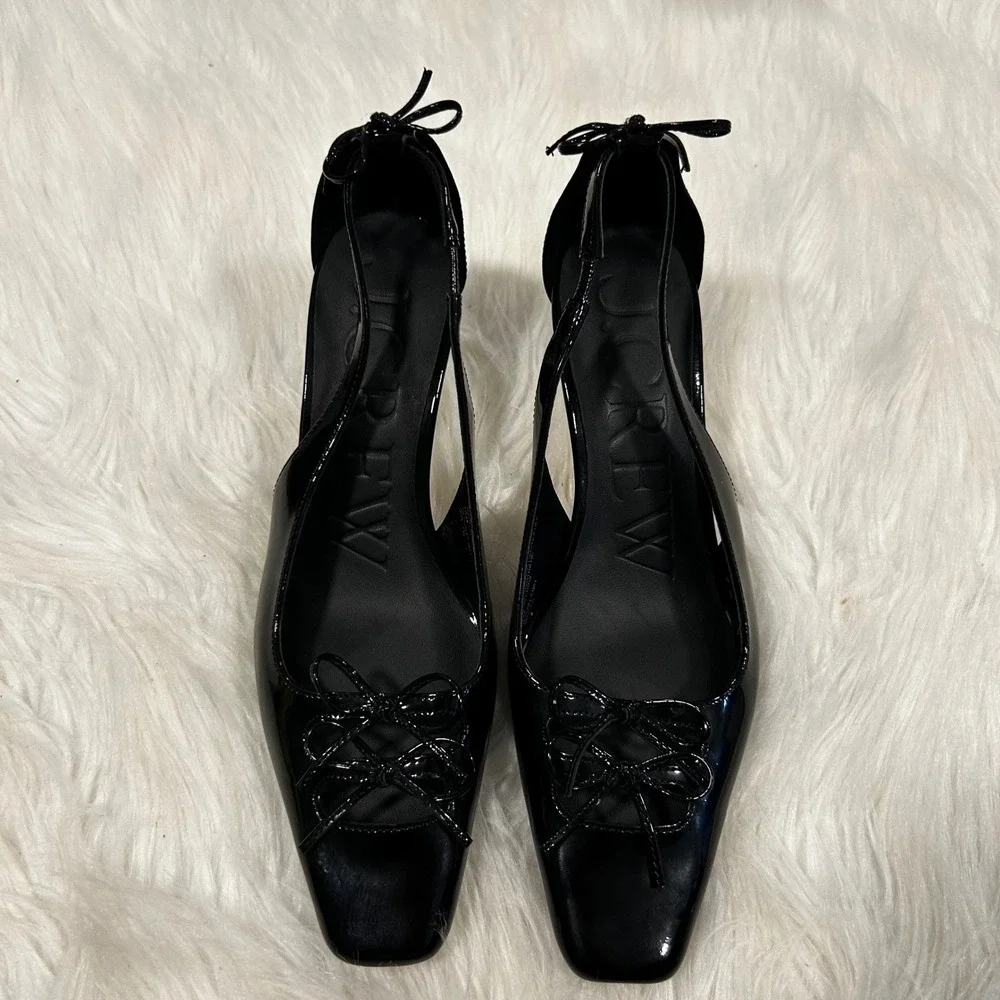 J. Crew Black Leona Patent‎ Leather Square Toe Slingback Heels Bow Detail 7.5 - Picture 6 of 8